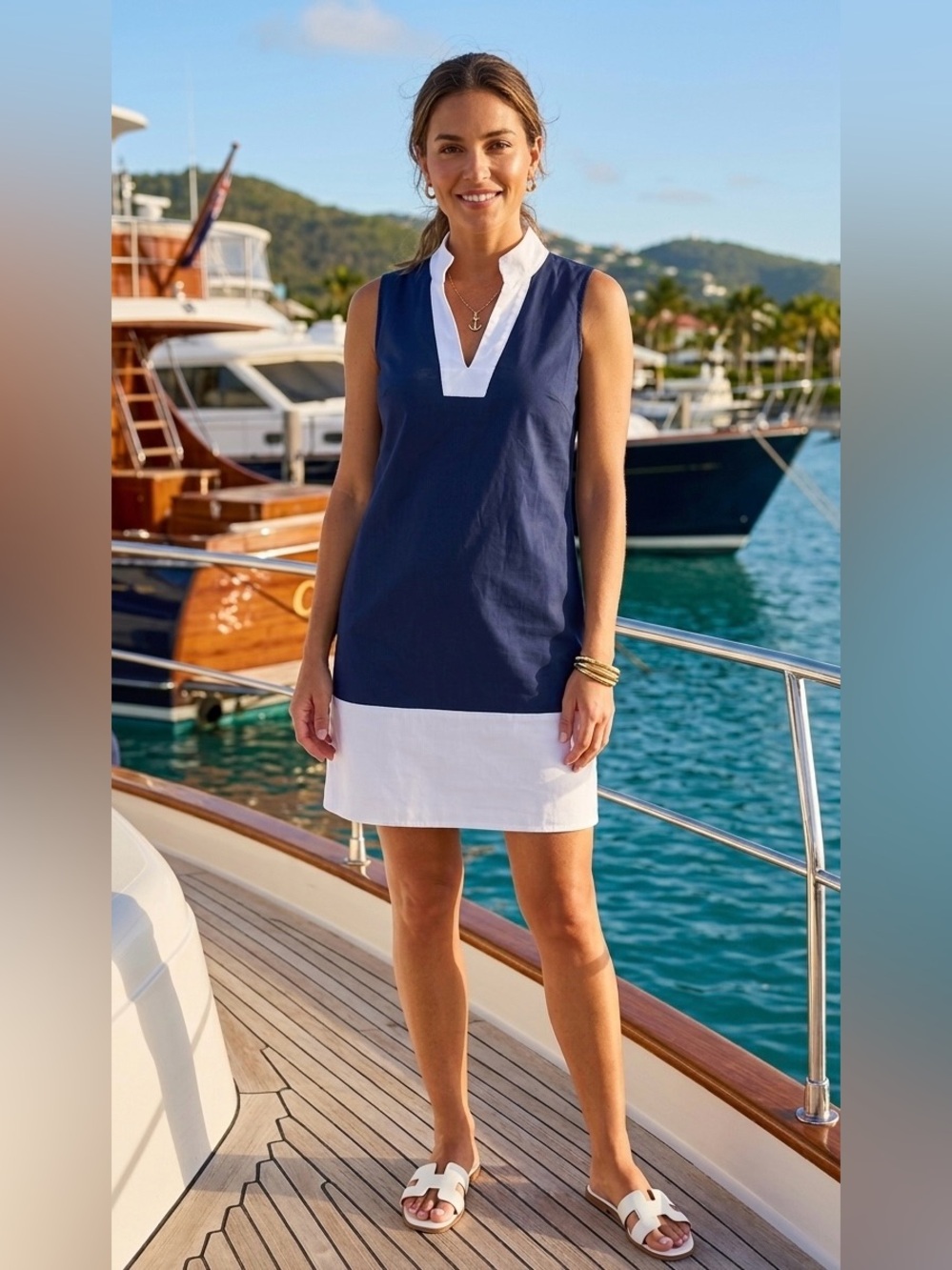 Sail to Sable Classic Sleeveless Tunic Dress - Navy & White Colorblock - Size M